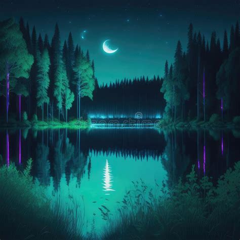 Pine Tree Forest Lake Retro Style Neon Glowing Lights Tubes Dark Night