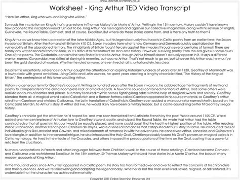 The Lady Of Shalott Lesson 1 King Arthur Ted Transcript Worksheet