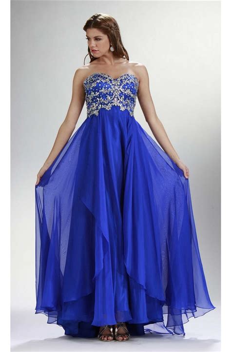 Flowing Strapless Long Royal Blue Chiffon Beaded Prom Dress