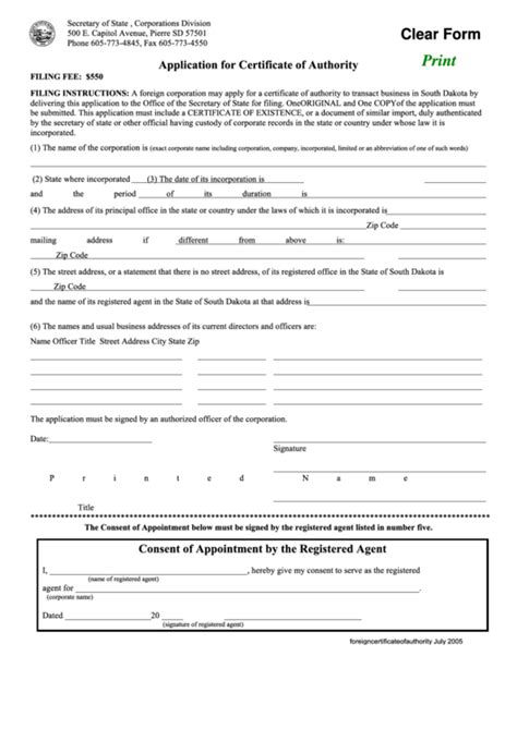 Fillable Application For Certificate Of Authority Form Printable Pdf