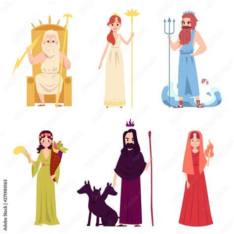 Set Of Male And Female Ancient Greek Or Roman Gods And Goddesses Cartoon Style Stock Vector