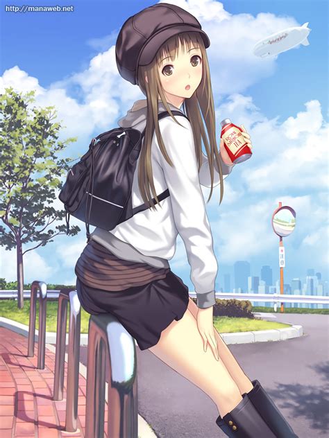 Long Hair Brunette Anime Anime Girls Skirt Hat Clouds Hd