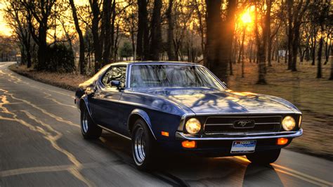 Car Ford Ford Mustang Sunset Trees Road Muscle Cars Wallpapers Hd