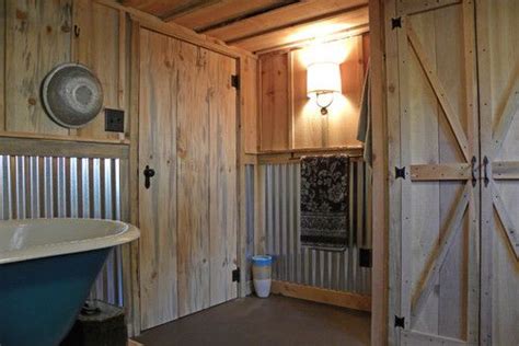 Use Corrugated Steel Roofing As Wainscoting In Rustic Bath