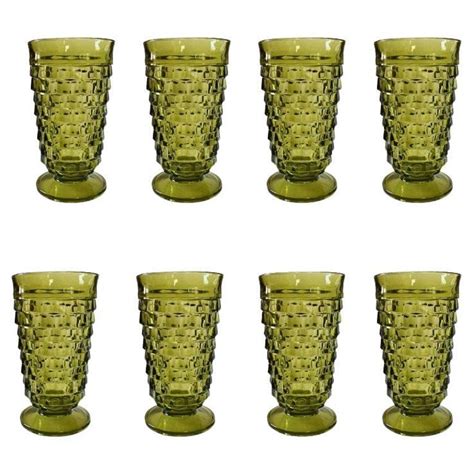 Mid Century Modern Green Faceted Indiana Glass Drinking Glasses Set Of 8 For Sale At 1stdibs