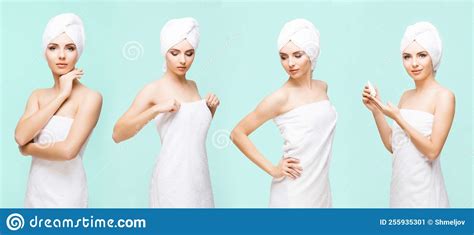 Young Beautiful And Natural Woman Wrapped In Towel Set Collection