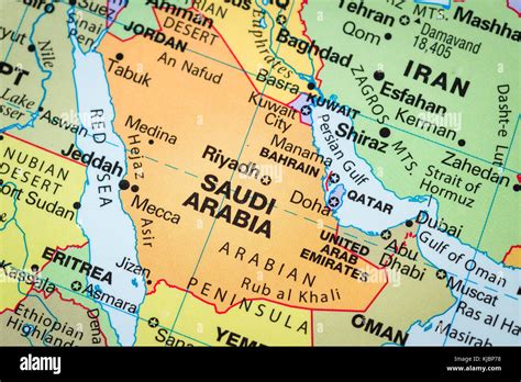 Close Up Of A World Map With The Country Of Saudi Arabia In Focus Stock