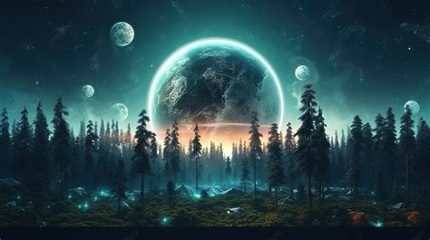 Fantastical Cyberpunk Forest Landscapes In 3d Rendered Universe With