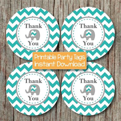 I have made baby shower invitations, baby shower games, gift tags, labels, cute cupcake toppers, candy wrappers and many more free printables for your baby shower party. Aqua Grey Elephant Printable Thank You Tags Baby Shower Favor