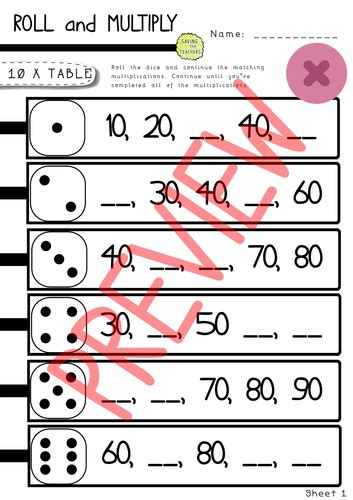 Roll And Multiply Multiplication Dice Game 10 Times Table Teaching Resources