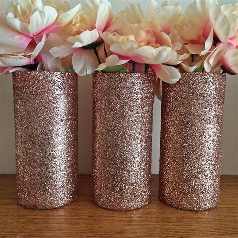 3 Rose Gold Glitter Vases Rose Gold Centerpiece Wedding