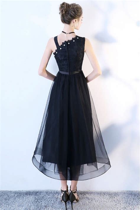 Black Lace Tulle Midi Party Dress With Irregular Shoulder 789768