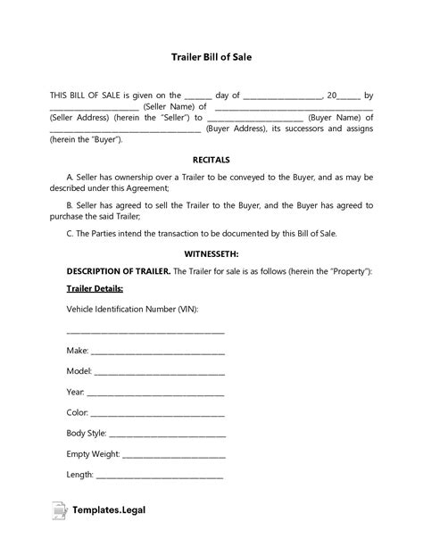 Trailer Bill Of Sale Templates Free Word Pdf Odt