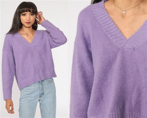Lavender Sweater V Neck Sweater 80s Plain Purple Knit Pullover Sweater