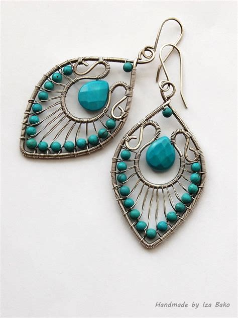 Handmade Wire Wrapped Statement Earrings With Turquoise Gemstones