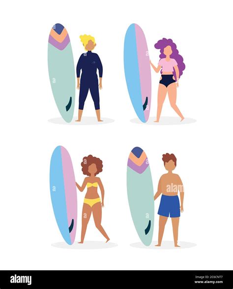 Grupo De Personas En Trajes De Ba O Con Tablas De Surf Dibujos Animados Personajes Vector