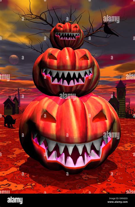 Pumpkins In Halloween Scene Stock Photo Alamy