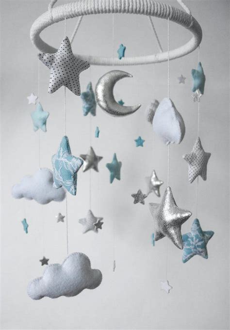 Moon Clouds And Stars Baby Mobile Silver Nursery Mobile Light Blue