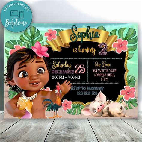 Editable Disney Princess Baby Moana Birthday Invitation Diy