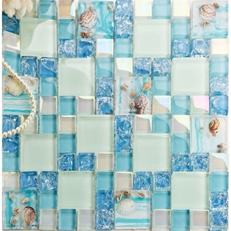 Cracked Blue Glass Mosaic Mediterranean Style Resin With Conch Shell