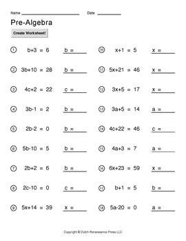 Our premium worksheet bundles contain 10 activities and answer key to challenge your students and help them understand each and every topic within their grade level. Simple Pre-Algebra Worksheet Maker - Create Infinite Math Worksheets!
