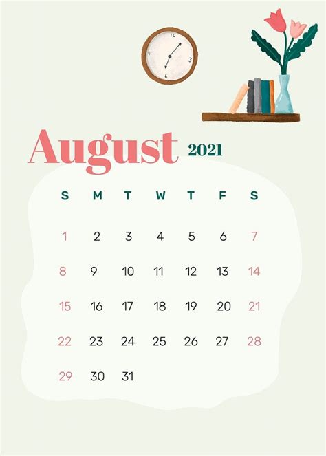 Calendar 2021 August Printable Template Vector Hand Drawn Lifestyle
