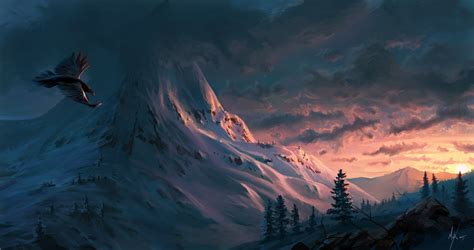 Snowy Rocky Sunset Speedies Michal Kus Landscape Wallpaper Fantasy