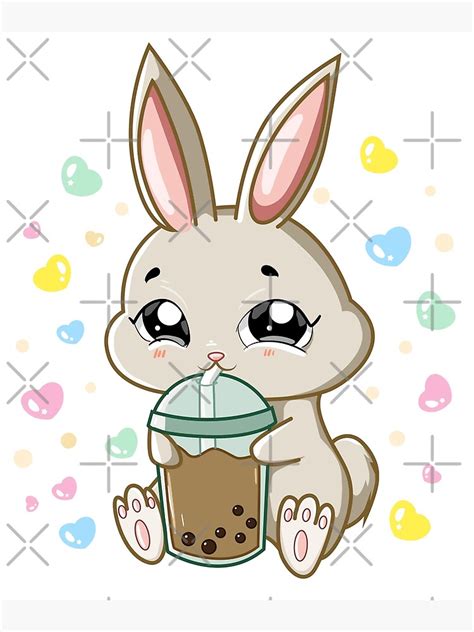 Kawaii Rabbit Bunny Drinking Boba Tea With Boba Pearls Poster For