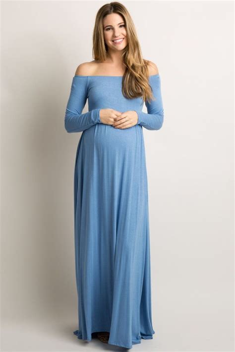 Blue Solid Off Shoulder Maxi Dress Maternity Shoot Dresses Maternity