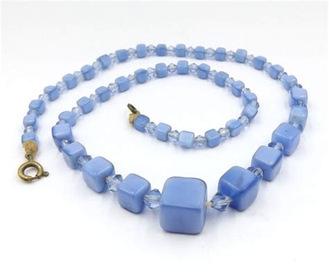 Items Similar To Art Deco Blue Glass Necklace Pale Blue Glass Cube