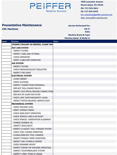 Download the excel xls file right now! Preventive Maintenance for Machine Tools - Peiffer Machine ...