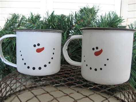 Snowman Mugs Enamel Cup Set Of 2 Winter Mugs Holiday Ornament