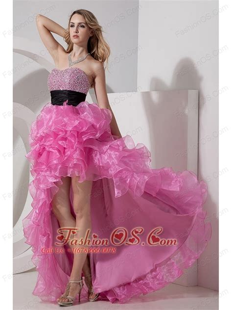 Rose Pink A Line Princess Prom Dress Sweetheart High Low Organza Beading