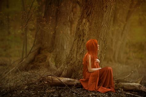 Mood Waiting Alone Women Models Redhead Trees Forest Woods