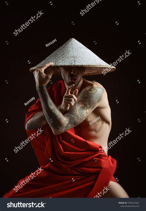 Naked Slender Samurai Man Red Raincoat Stock Photo