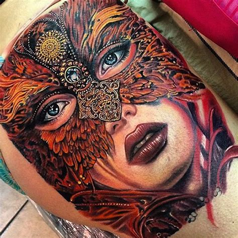 Large Nice Looking Tattoo Of Beautiful Woman Face Stylized With