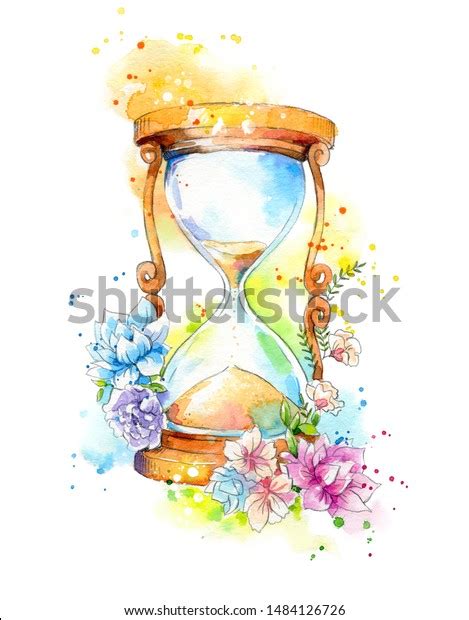 Watercolor Painting Hourglass Decorated Flowers Stock Illustration