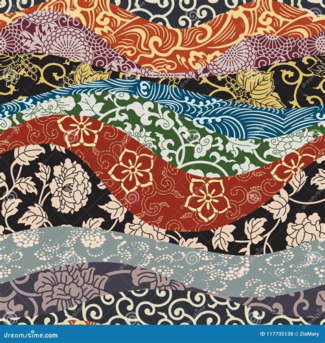 Japanese Traditional Style Fabric Patchwork Wallpaper Stock Vector