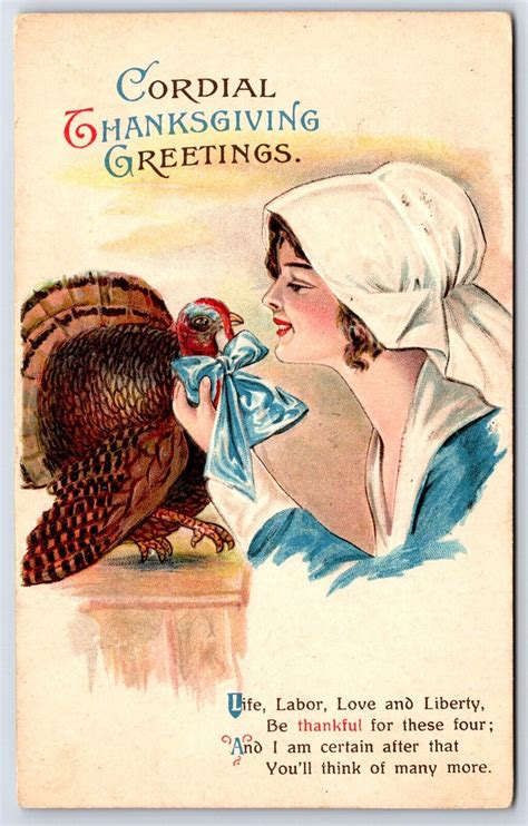 Postcard Cordial Thanksgiving Greetings Woman Turkey Winsch Schmucker S31