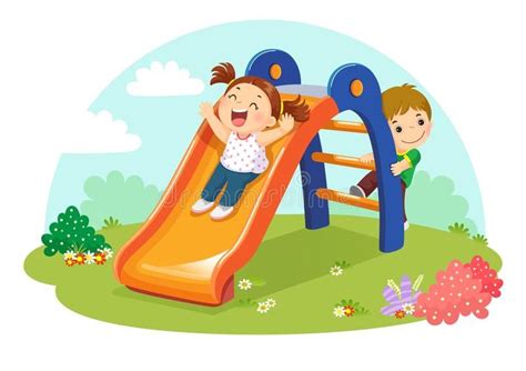Cute Kids Having Fun On Slide In Playground Stock Illustration Cute