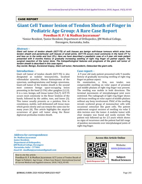 Pdf Giant Cell Tumor Lesion Of Tendon Sheath Of Finger In Pediatric
