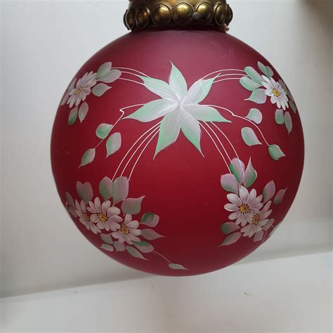 Vintage Brass And Hand Painted Red Satin Frosted Glass Globe Hanging