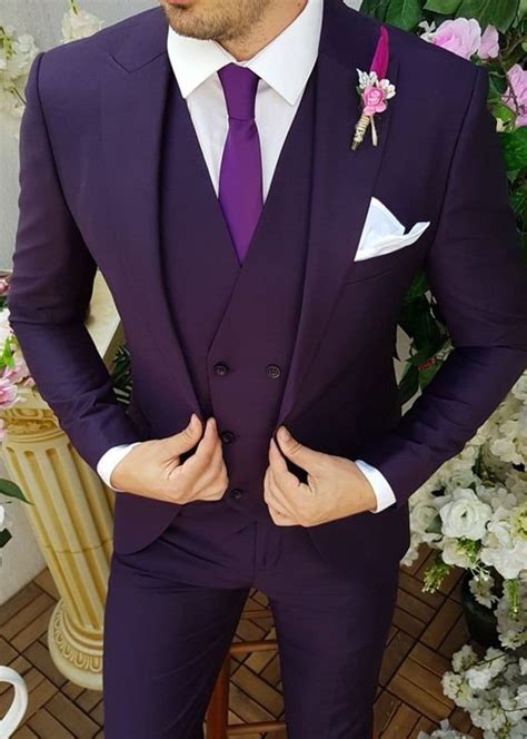 Men Wedding Suit Purple Groom 3 Piece Suit Slim Fit Formal Wear One