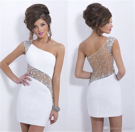Discount 2015 New Arrival Hot Sparkly Cocktail Dresses One Shoulder Sheer Illusion Short Mini
