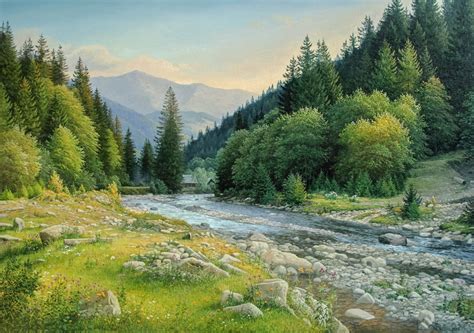 Mountain River Original Oil Painting Home Decor Landscape Summer
