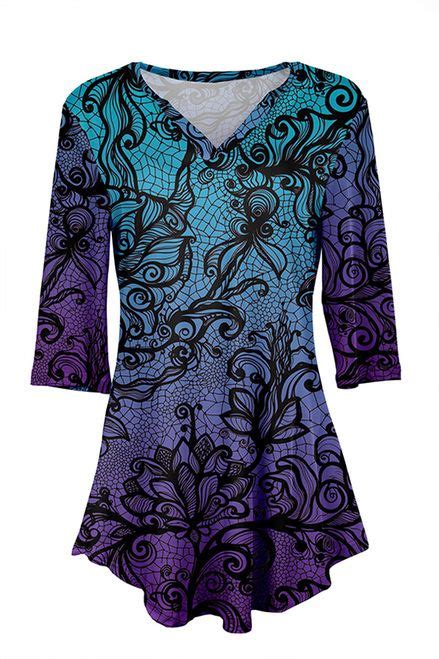 purple and teal mosaic ink sleeve v neck tunic 3 4 scoop neck tunic tunic designs swing tunic