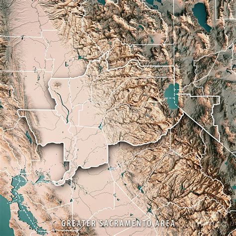 Greater Sacramento Area California USA 3D Render Topographic Map