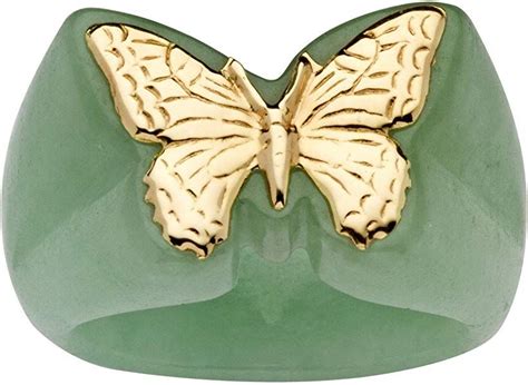 14k Yellow Gold Genuine Green Jade Butterfly Ring Jewelry