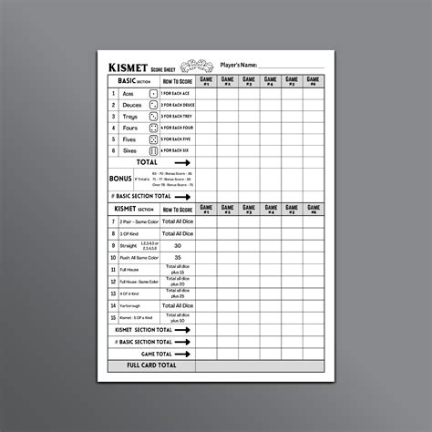 Kismet Score Sheet Kismet Dice Game Score Sheet Printable Kismet