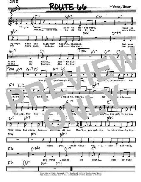 The lyrics follow the path of u.s. Route 66 sheet music by Bobby Troup (Real Book - Melody, Lyrics & Chords - C Instruments - 61018)